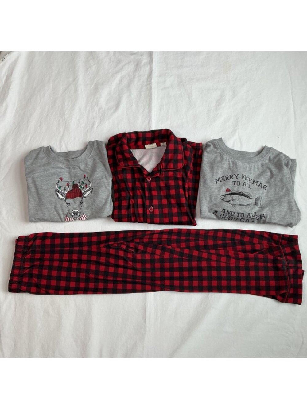 Bass Pro Shop Outdoor Kids Holiday Pajama Set Size 6 Red Plaid Reindeer Fishmas - Picture 2 of 16